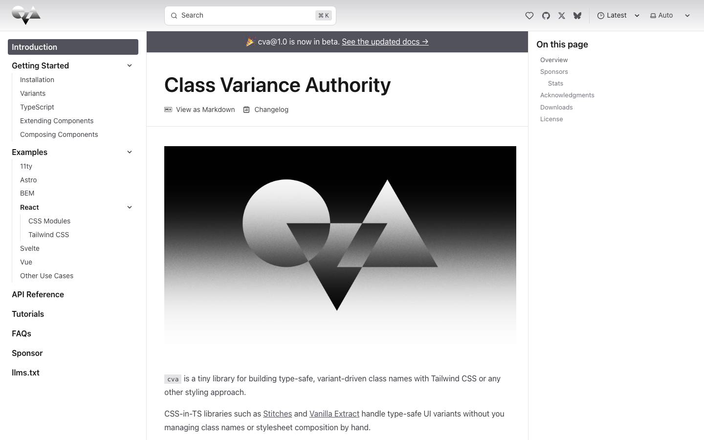 Page d'accueil de CVA, Class Variance Authority