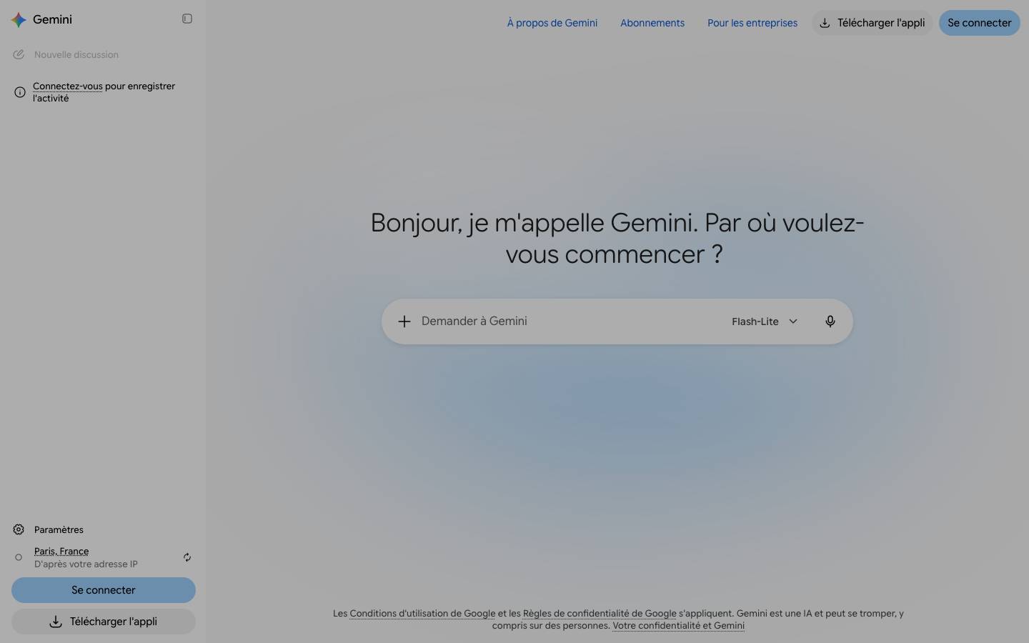 Page d'accueil de Gemini